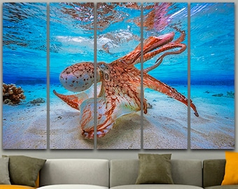 Octopus canvas Octopus art Gallery wall set Octopus print Split canvas Sea depths Poulpe decor Shellfish poster Ocean animal Octopus photo