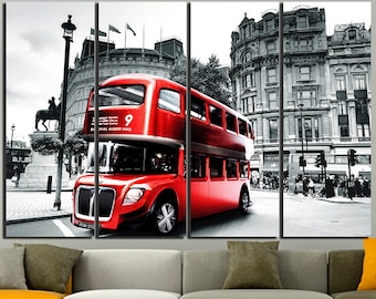Bus rojo Londres bus print Bus canvas Bus cartel rojo Regalo por su decoración de arte de Londres Autobús Skyline London City colorido arte estilo británico