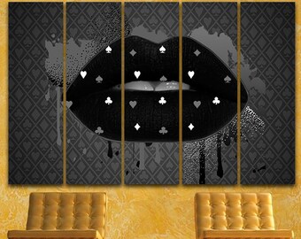 May include: A black and white multi-panel canvas print featuring a close-up of a pair of lips with a black background and white playing card symbols.