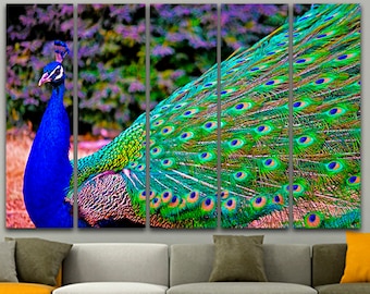 Peacock blue art 5 panel canvas Peafowl decor Indian peafowl art Gallery wall set Peacock photo Feathered art Peafowl poster Wildlife print