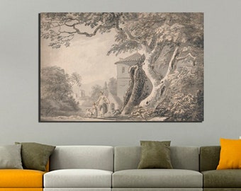 Paul Sandby Romantic Landscape with Figures Dog print on canvas Reproduction Ready to hang Retro wall decor Modern artwork Bedroom artwork