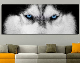 Dog canvas Husky dog print Animal art prints Blue eyes wall art Black white wall décor Husky gift Siberian Husky Wolf wall art Ready to hang