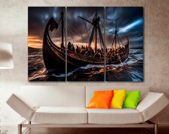 Viking print on canvas Ready to hang Old ship wall decor Storm in the ocean Modern artwork Bedroom decor Trendy wall art Living Room Decor