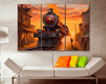 Old train print on canvas Landscape wall art Locomotive decor Train station gift Railway print Playroom décor Bedroom artwork Boy room decor