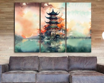 Chinese building print floating island Asia style canvas Wall art print Ready to Hang sunset watercolor scenery artwork Bedroom decor gift