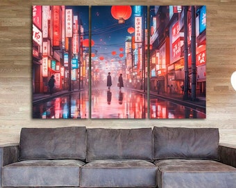 Japanese wall art Japan print canvas Japanese lantern City Street décor Ready to hang Large canvas wall art Bedroom decor gift for the home