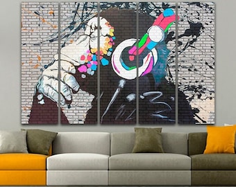 Monkey wall art Dj monkey Music canvas Street art Graffiti wall décor Headphones art Monkey gift Monkey artwork Office wall decor Animal art