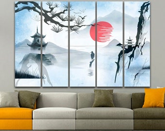 Chinese landscape print Asia canvas framed Wall art decor Ready to Hang Mountain watercolor Painting sun scenery artwork Living room art