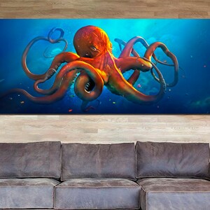 May include: A vibrant orange octopus with long tentacles swims in a blue ocean. The octopus is surrounded by small fish and coral.