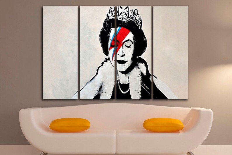 May include: A black and white portrait of Queen Elizabeth II with a red, blue, and white lightning bolt painted over her right eye. The portrait is split into three panels.