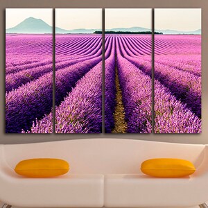 May include: A multi-panel canvas print featuring a field of purple lavender flowers in rows, with a distant mountain range in the background.