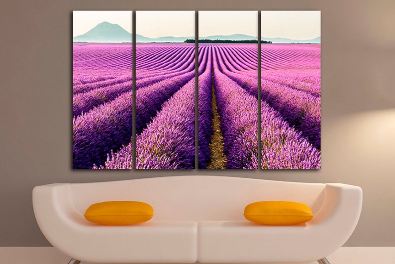 May include: A multi-panel canvas print featuring a field of purple lavender flowers in rows, with a distant mountain range in the background.