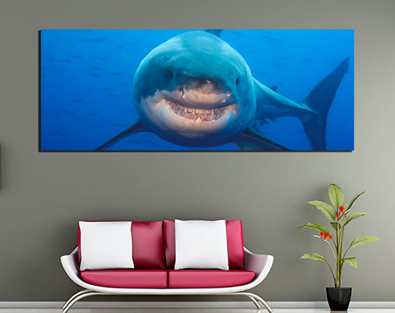 May include: A close-up of a great white shark with its mouth open, showing its sharp teeth. The shark is swimming in blue water.