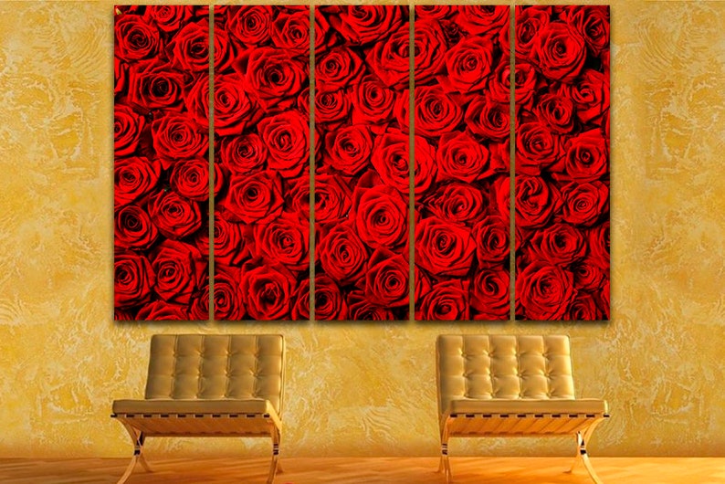May include: A close-up of a wall art print featuring a vibrant red rose pattern. The print is divided into five panels, creating a multi-panel effect.