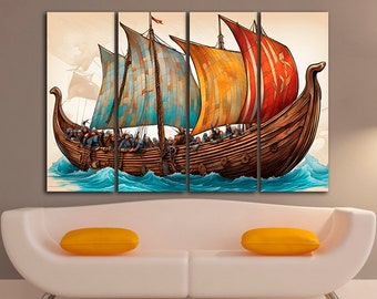 Viking ship wall art canvas Ready to hang Sailor print Seafarer decor Wave Playroom artwork Nursery room gift sail boat painting Home décor