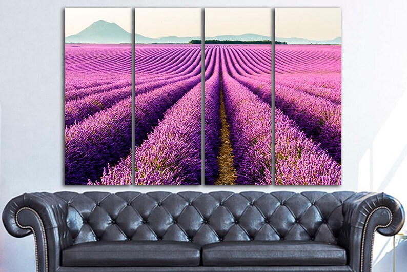 May include: A multi-panel canvas print featuring a field of purple lavender flowers in rows, with a distant mountain range in the background.
