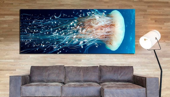 Jellyfish canvas Sea life wall art Animal print Ocean printable Underwater décor Nautical gift Blue white art Sea room décor Ready to hang