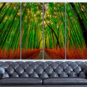 May include: A multi-panel canvas print depicting a path through a lush green bamboo forest. The path is lined with tall, slender bamboo stalks, and the sunlight filters through the leaves, creating a dappled effect. The forest floor is covered in a layer of red and orange leaves.