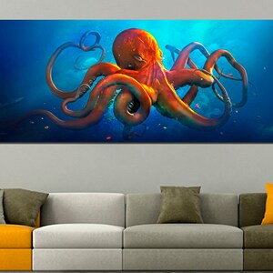 May include: A large, red octopus with long, curled tentacles swims in a blue ocean. The octopus is in the center of the image, with its tentacles extending out to the sides. The ocean is a deep blue, with some light shining through from above.
