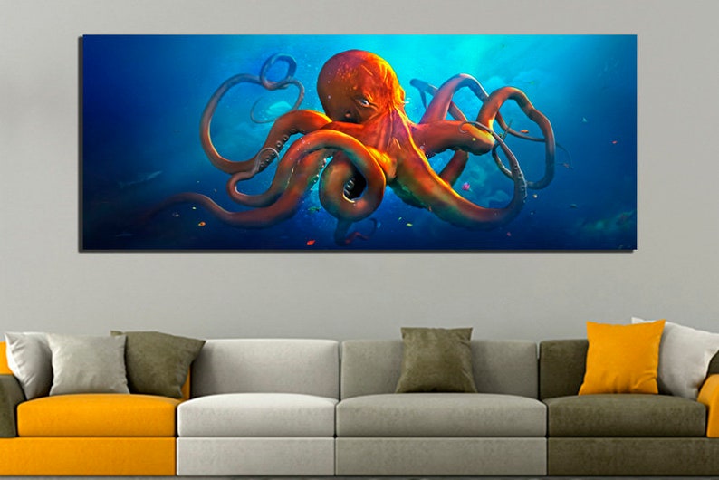 May include: A large, red octopus with long, curled tentacles swims in a blue ocean. The octopus is in the center of the image, with its tentacles extending out to the sides. The ocean is a deep blue, with some light shining through from above.