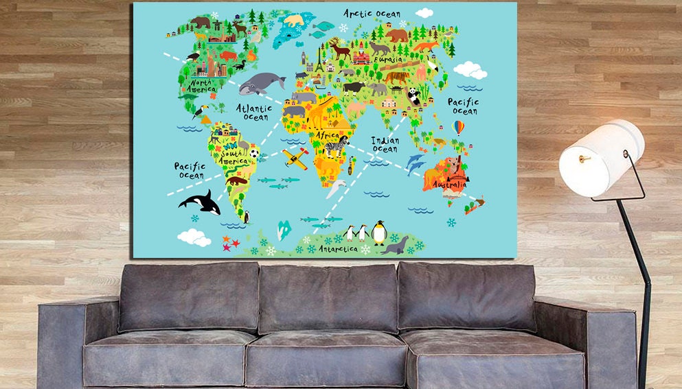 Large Canvas Set World Map Animals Kids Map Art Nursery World Map Baby ...