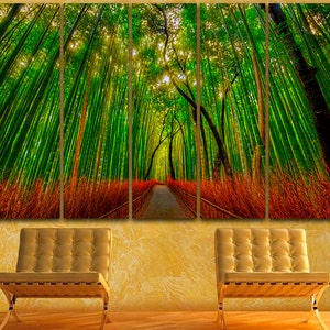 May include: A multi-panel canvas print depicting a path through a lush green bamboo forest. The path is lined with tall, slender bamboo stalks, and the sunlight filters through the leaves, creating a dappled effect. The forest floor is covered in a layer of fallen leaves.