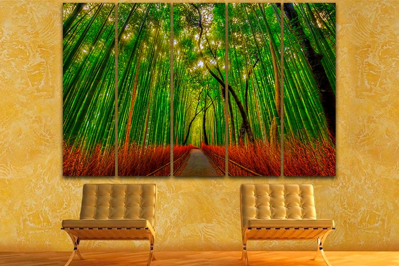 May include: A multi-panel canvas print depicting a path through a lush green bamboo forest. The path is lined with tall, slender bamboo stalks, and the sunlight filters through the leaves, creating a dappled effect. The forest floor is covered in a layer of fallen leaves.