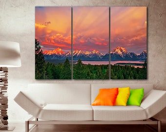 Nature Wyoming print on canvas Ready to Hang Sunrise National Park wall art Mountain décor Lake room gift Travel artwork Forest home photo