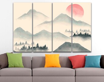 Chinese style illustration canvas Wall art print Forest Ready to Hang Mountain watercolor décor Nature gift Landscape artwork Bedroom decor