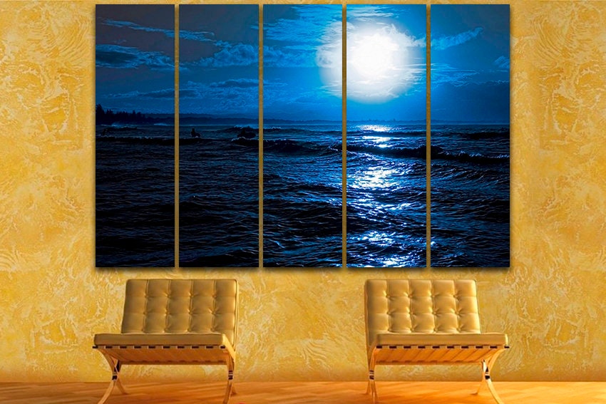 Sea Wall Art Moon Decor Sea Print Split Canvas Surfer Canvas Set Moon ...