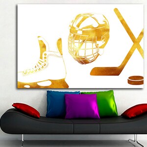 Hockey Canvas Hockey Helm Hockey Skates Stick und Puck Druck HockeySchuh Kunst Sport Wand Dekor Eissport Geschenk Hockey Spieler Weiß Gelb Kunst