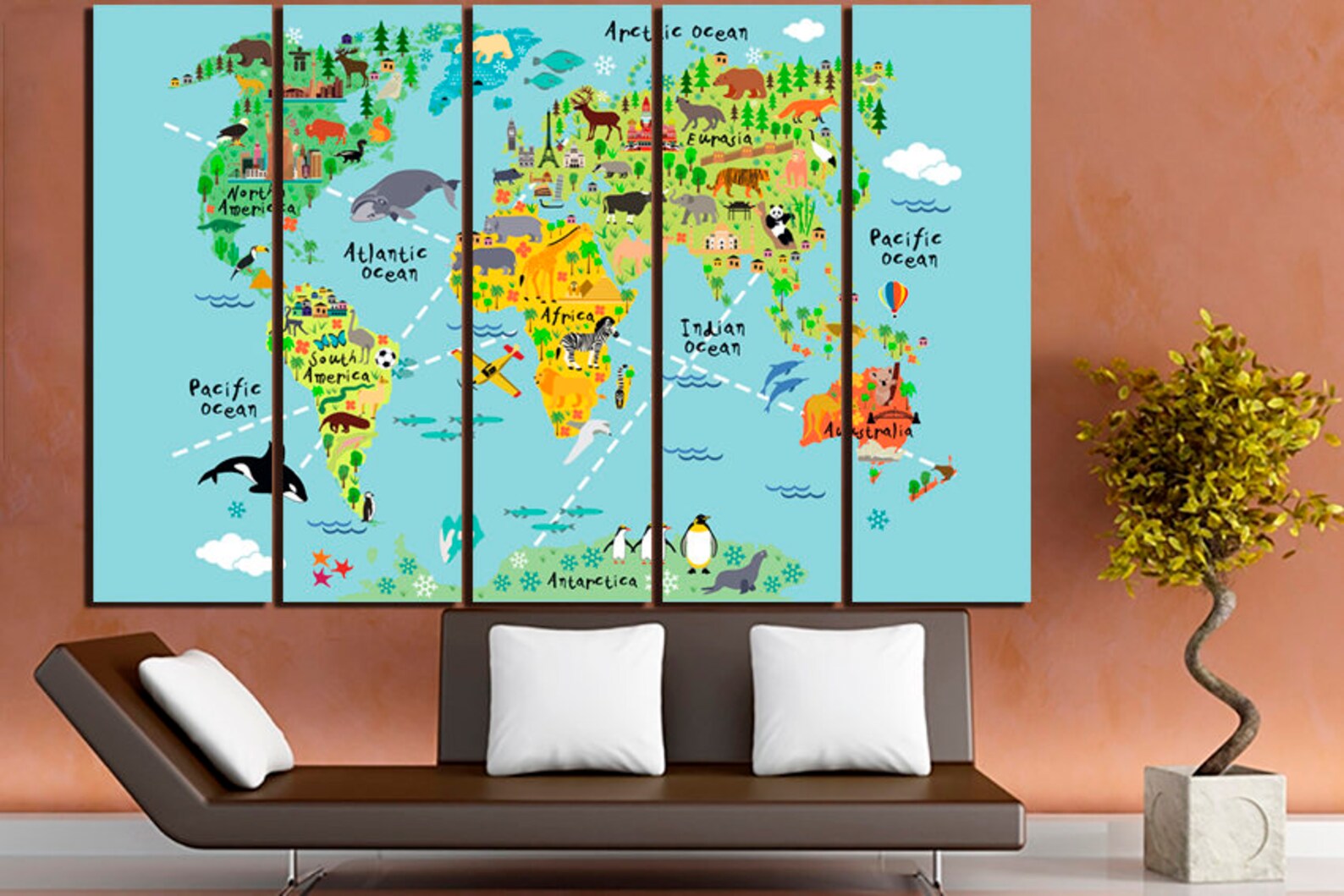 Large Canvas Set World Map Animals Kids Map Art Nursery World Etsy