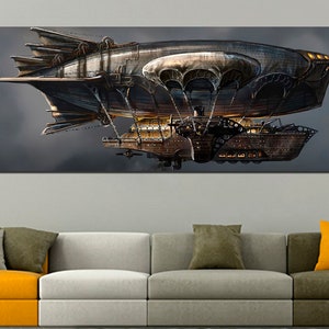 Dirigible steampunk Airship canvas Wall decor printing Steam engine art World traveler Transport  kids art Playroom gift Plane artwork