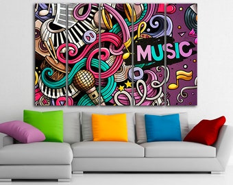 Music canvas microphone print Colorful piano wall art Ready to hang Abstract room decor Street art gift Wall office art music school decor
