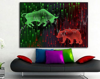 Buy and sell Trader canvas Bull and Bear art Stock market decor Broker artwork Stock exchange print Wall street picture Business art gift