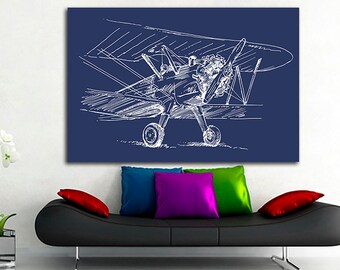 Plane wall decor Aviation canvas Engine decor Mechanism picture Blue white décor Boy room art Nursery decor Plane artwork Transportation art