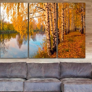 Wall Canvas Print Birch in autumn near the river Ready to Hang Birch Grove decor Landscape art Tree artwork Nature Gift Tree Branch art