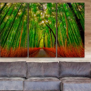 May include: A three-panel canvas print depicting a path through a lush green bamboo forest. The path is lined with tall, slender bamboo stalks, and the sunlight filters through the leaves, creating a dappled effect.