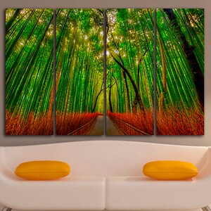 May include: A multi-panel canvas print featuring a pathway through a lush green bamboo forest. The path is lined with tall bamboo stalks and the sunlight filters through the leaves, creating a dappled effect.