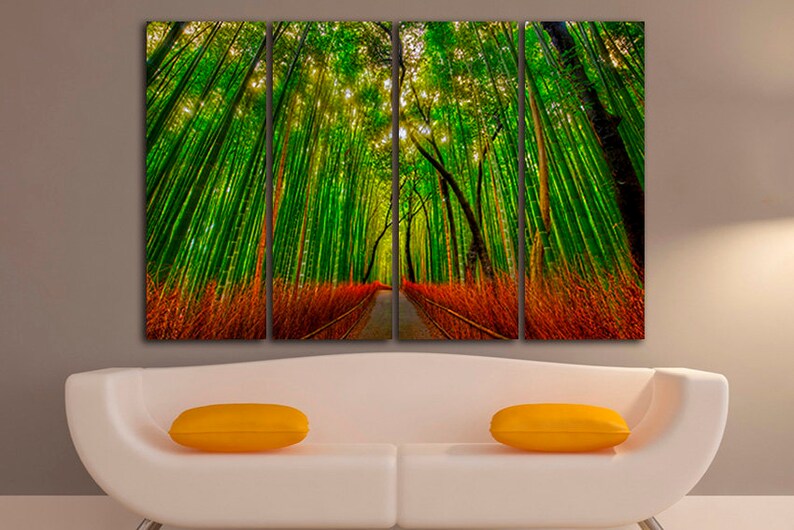 May include: A multi-panel canvas print featuring a pathway through a lush green bamboo forest. The path is lined with tall bamboo stalks and the sunlight filters through the leaves, creating a dappled effect.