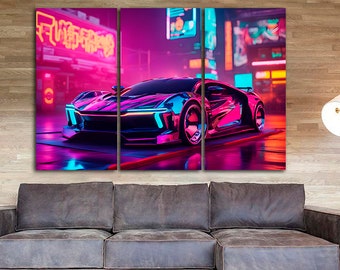 Futuristic car canvas Game room décor Playroom wall art Muscle race car print cyberpunk wall art Garage gift modern Extra Large wall art