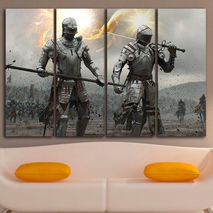 Knight print on canvas Ready to hang Warrior wall art Soldier room décor Fantasy artwork Idea for gift Jousting wall art Knight armour print