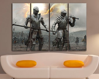 Knight print on canvas Ready to hang Warrior wall art Soldier room décor Fantasy artwork Idea for gift Jousting wall art Knight armour print