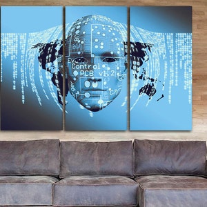 May include: A triptych canvas art print featuring a futuristic, digital face with circuit board details and world map outlines. The artwork is predominantly blue with white accents, suggesting a theme of technology and artificial intelligence. The artwork is displayed above a gray sofa.