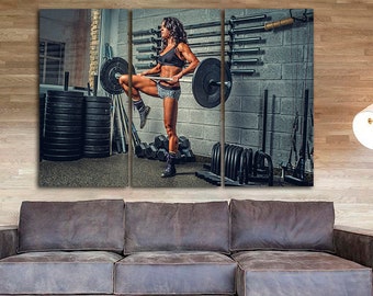 Female workout print on canvas Ready to hang Dumbbell art Fitness girl gym Sport training decor motivation art Gift to an athlete Womens