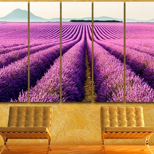 May include: A five-panel canvas print featuring a field of purple lavender flowers in rows. The field is surrounded by green hills and a blue sky.