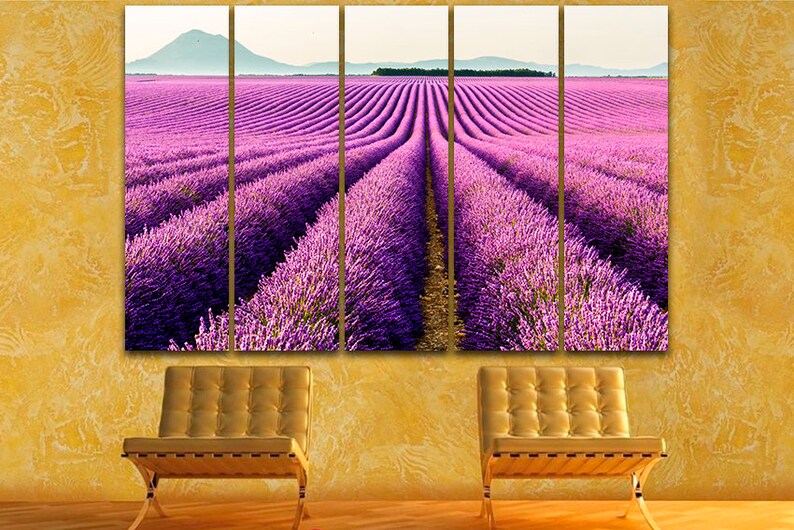 May include: A five-panel canvas print featuring a field of purple lavender flowers in rows. The field is surrounded by green hills and a blue sky.