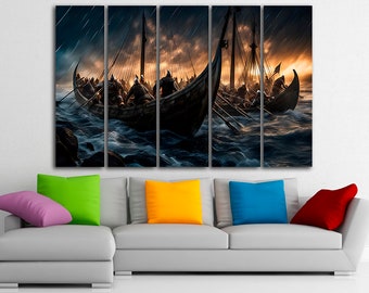 Viking battle art Ship print on canvas Ready to hang Scandinavian sailors wall art Ship decor Sea artwork Living decor art Kids room gift