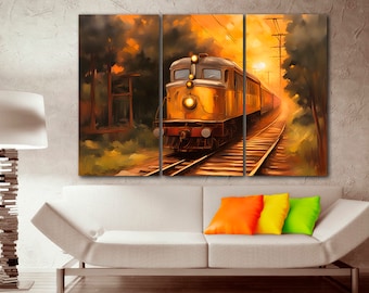 Steam train wall art print on canvas Scenery decor Old Locomotive artwork Railway gift Boy room décor Office painting Landscape decor