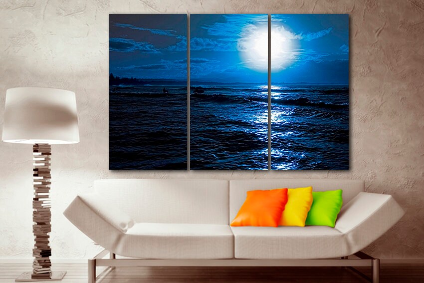 Sea Wall Art Moon Decor Sea Print Split Canvas Surfer Canvas Set Moon ...